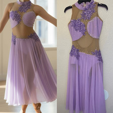 Custom solo dance costume purple mesh cutout leotard maxi dress rhinestoned MA