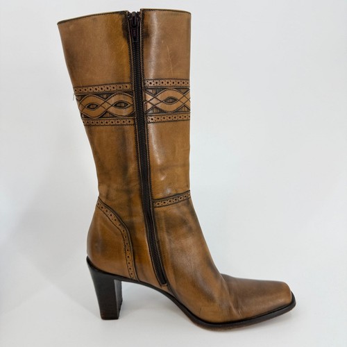 Via Spiga Women's Size 7 Brown Leather Embroidered Side Zip Stacked Heel Boot - Picture 5 of 12