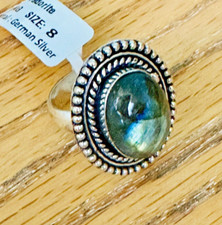 Real Labradorite Natural Gemstone Ring 1 Inch Ornate Setting Ring Size 8