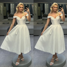 Satin Wedding Dresses Tea-Length Off The Shoulder V Neck Elegant Bridal Gowns