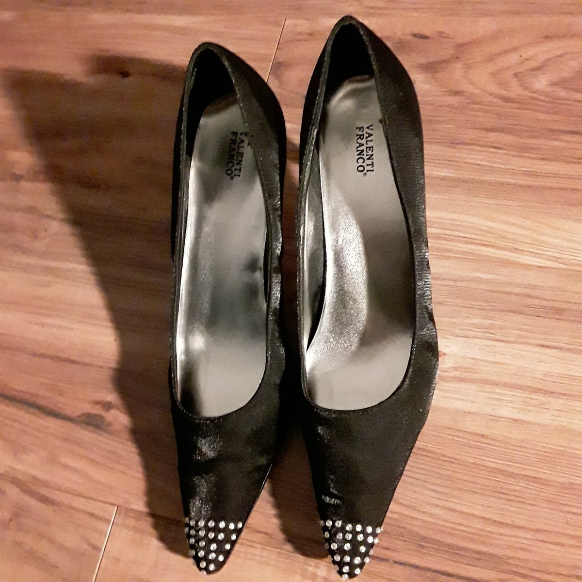 Black satin shoes with Silver heels and Studs on top of Heels and