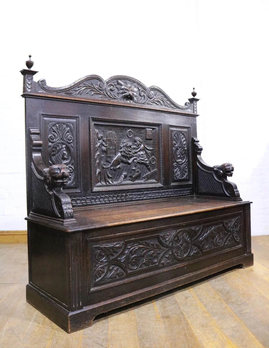 Large Antique heavily carved Greenman oak monks storage bench settle