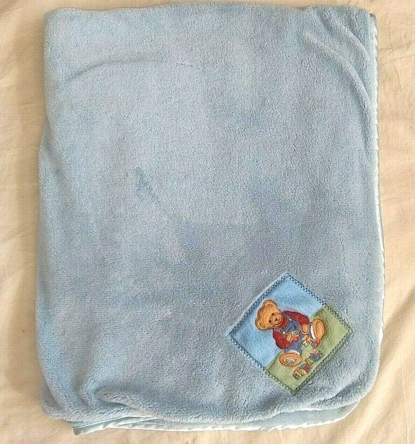 BJT Blue Jean Teddy Bear Blue Baby Blanket Soft Fleece Satin Edge