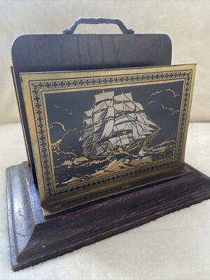 Vintage Briefständer Ständer Messing Eichenholz THE CUTTY SARK / GREAT HARRY Segelschiffe