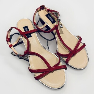 Episode Red Gold Strappy Wedge Sandals Size UK