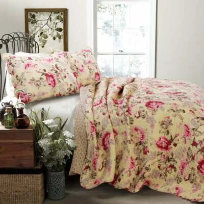 QUALITY NEW!~ COZY CHIC COTTAGE SHABBY PINK RED IVORY YELLOW GREEN FLORAL ROSE QUILT SET