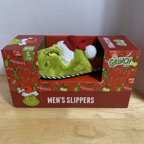 Dr Seuss Grinch Christmas Santa Hat Slippers Slides Men's S 7/8 NEW