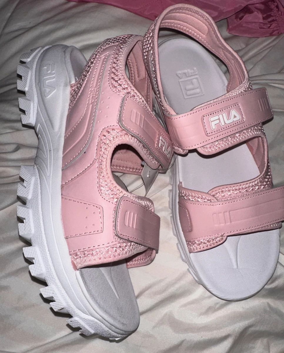 FILA Women s Pink White Velcroo platform wedge track Strap Sandals