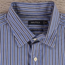 Nautica Shirt Mens 2XL Blue Striped 100 Cotton 80s 2 Ply Pocket Logo Button Up