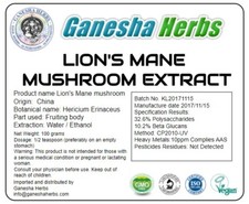 100 PURE ORGANIC LION'S MANE MUSHROOM HIGH POTENCY DUAL EXTRACT 100 GRAMS