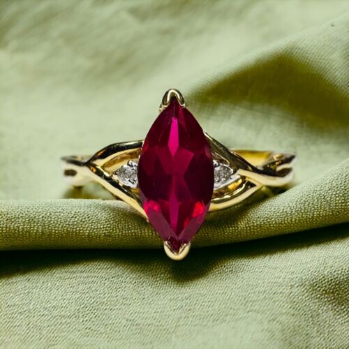 10k Gold Ruby Ring Sz 5 Twist Shank 3/4CT Marquise Cut Ruby & Diamond Ring 1.4g - Picture 1 of 21
