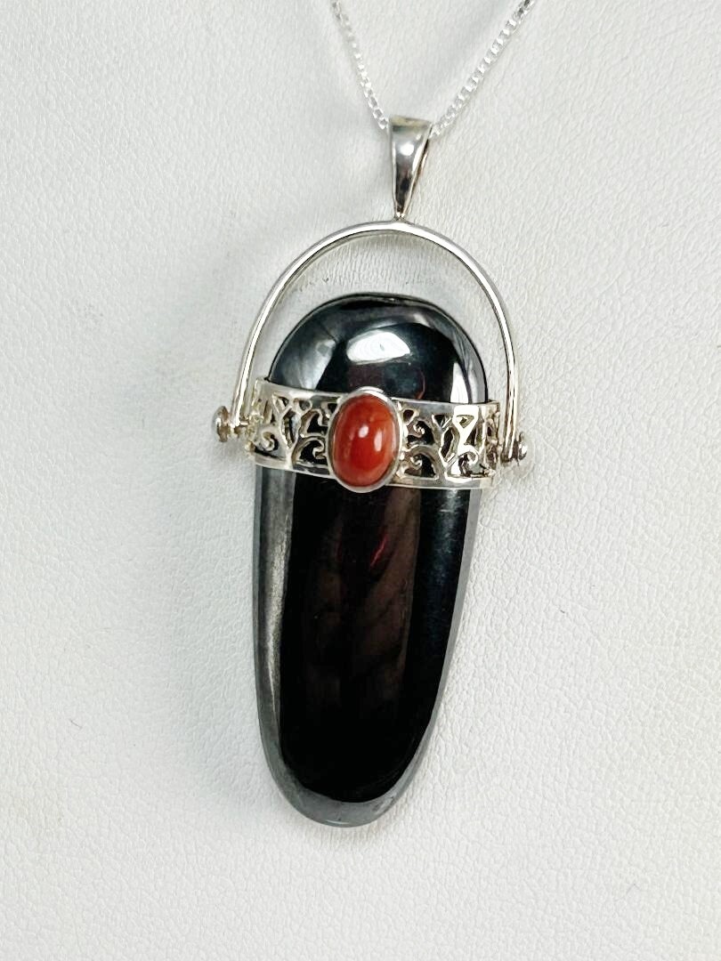 Sterling Silver Solid Hematite Pendant with Small… - image 4
