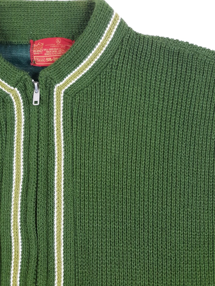 Vintage SEARS OLIVE GREEN 70s ZIPPER SWEATER Jacket Kurt Cobain Cardigan shirt L - Image 4 of 4