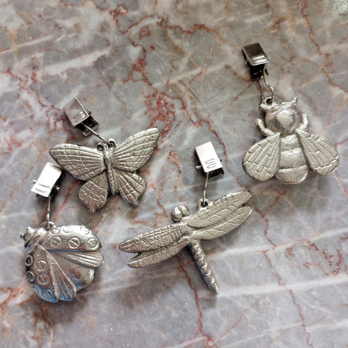 Set of 4 Tablecloth Weights Cast Metal Bee Butterfly Ladybug Dragonfly w Clips