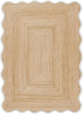 Scallop Rug Natural Jute Hand Woven Carpet BedRoom Farmhouse Area Rug White Trim