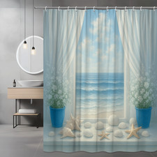 Coastal Beach Shower Curtain with Seashells and Flowers