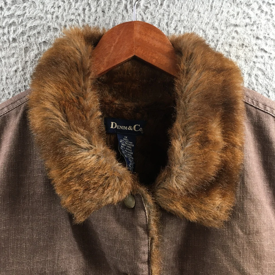 Chaqueta con botones de piel Denim & Co. para mujer 1X marrón mezcla de algodón manga larga bolsillo Foto 3 de 4