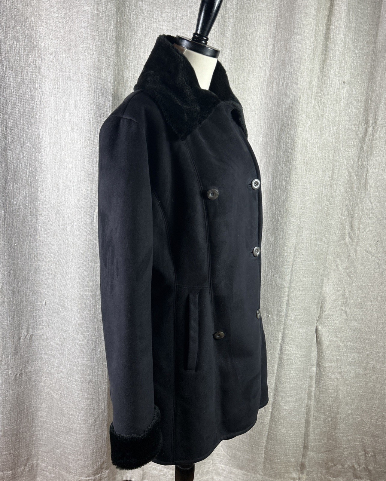 Calvin Klein Womens Vintage Y2K Faux Suede & Fur Pea Coat Black Size Small thumbnail 3