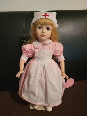 Porcelain 16'' Nurse Red Cross doll, blonde wavy hair, apron, white shoes #6