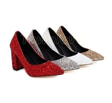 Glitter Womens Sequins Pointed Toe High Block Heel Slip on Pumps Wedding Shoes