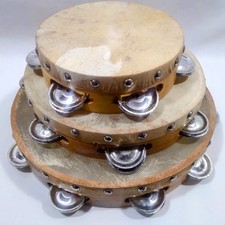   Vintage Set of 3 Tambourines 10 8 6 Inch Skin Head Percussion Made In Pakistan