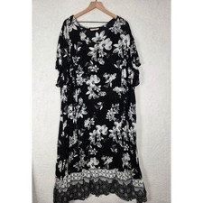 Woman Within Floral Maxi Dress Womens 4X Black White Rayon Gauzy Border Hem Boho