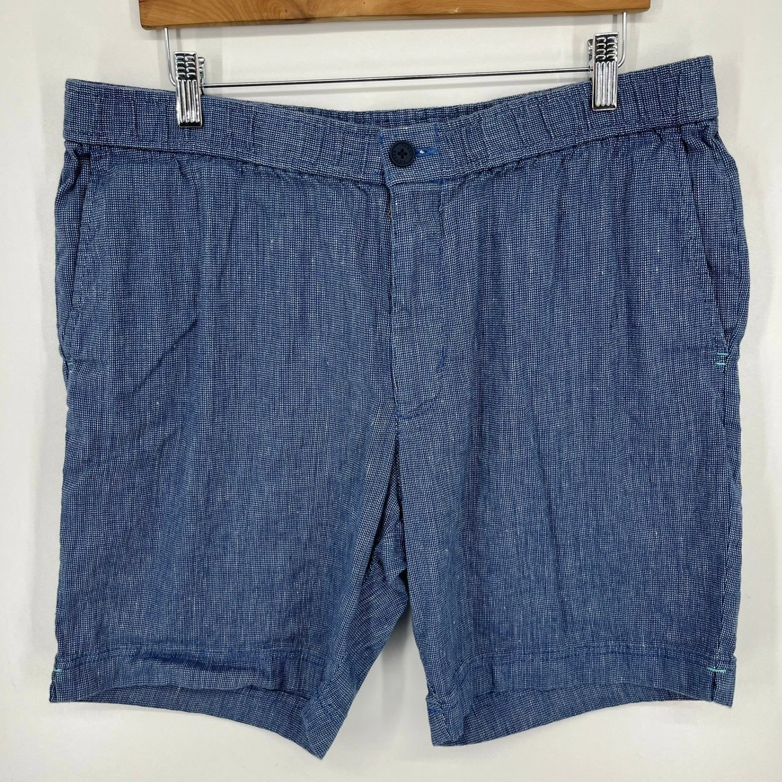 Tommy Bahama Mens XL Blue Linen Blend Textured Elastic Waist Casual Shorts