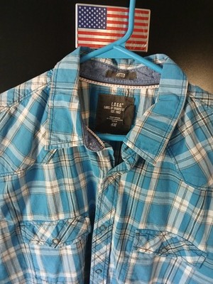 ''H&M LOGG Men's Short Sleeve Western Plaid Snap Button Shirt Blue Size [X] Fitte