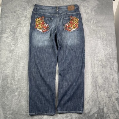 VTG Ecko Unltd Jeans Men 38x33 Y2K Blue Baggy Fit Embroidered Skater Loose Denim