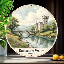 Vintage French Dordogne Valley Castle Bridge Painting