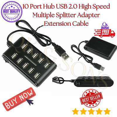 Neu 10 Port Hub USB 2.0 High Speed mehrere Splitter Adapter Verlängerungskabel UK