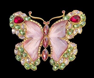 Heidi Daus antike goldfarbene, rosa Kristall Schmetterling Anstecknadel Brosche 