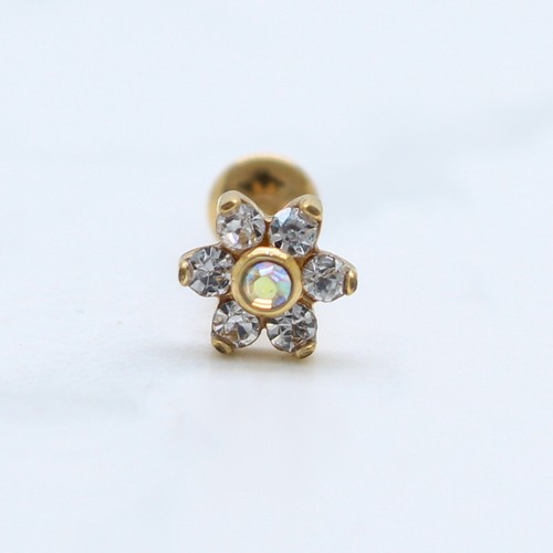 SIMULATED DIAMOND SILVER YELLOW ROSE GOLD IP FLOWER CARTILAGE 8MM STUD LABRET - Picture 4 of 18
