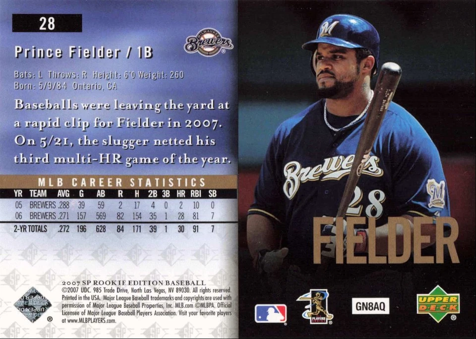 2007 SP Rookie Edition Prince Fielder Milwaukee Brewers #28 - Image 2 of 2