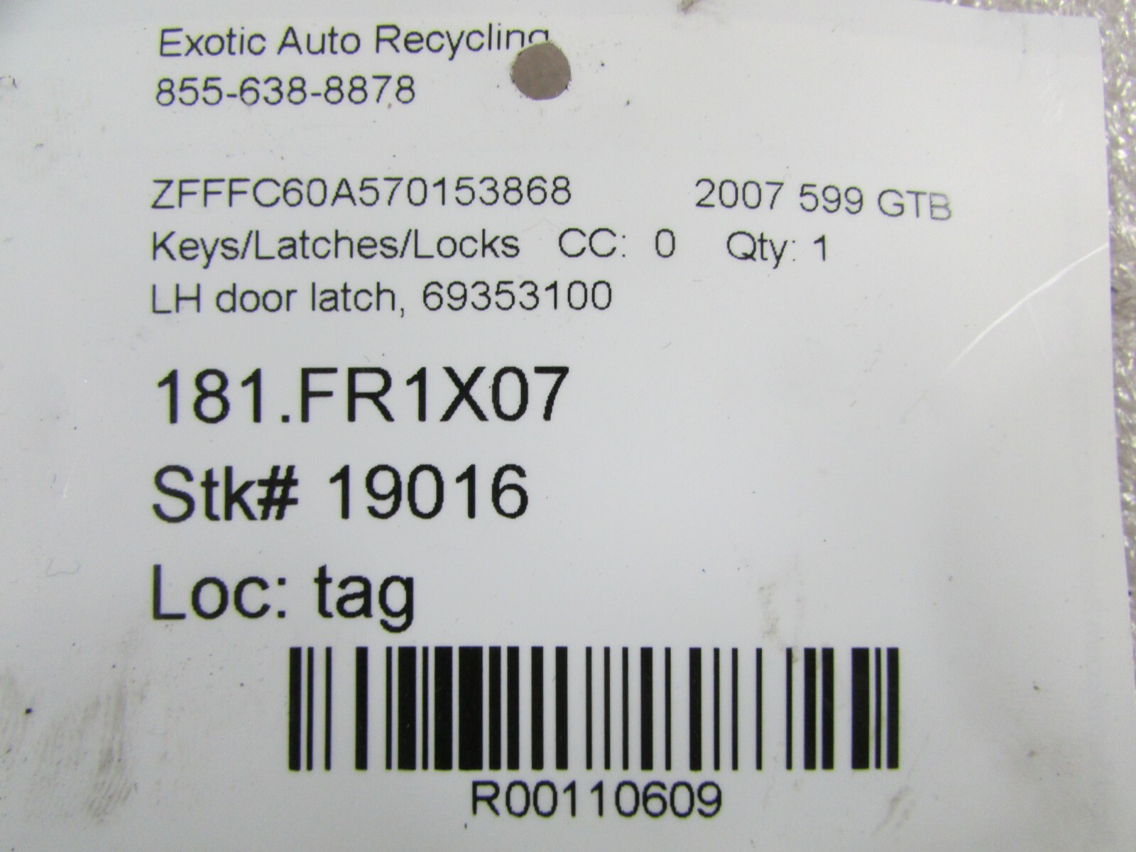 Ferrari 599 GTB, LH, Left Side, Door Latch Assembly, Used, P/N 69353100