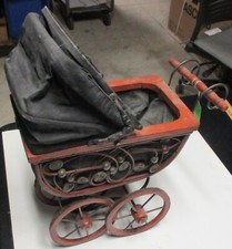 Vintage Repro Baby Doll Stroller Wood Cane Metal Carriage Buggy