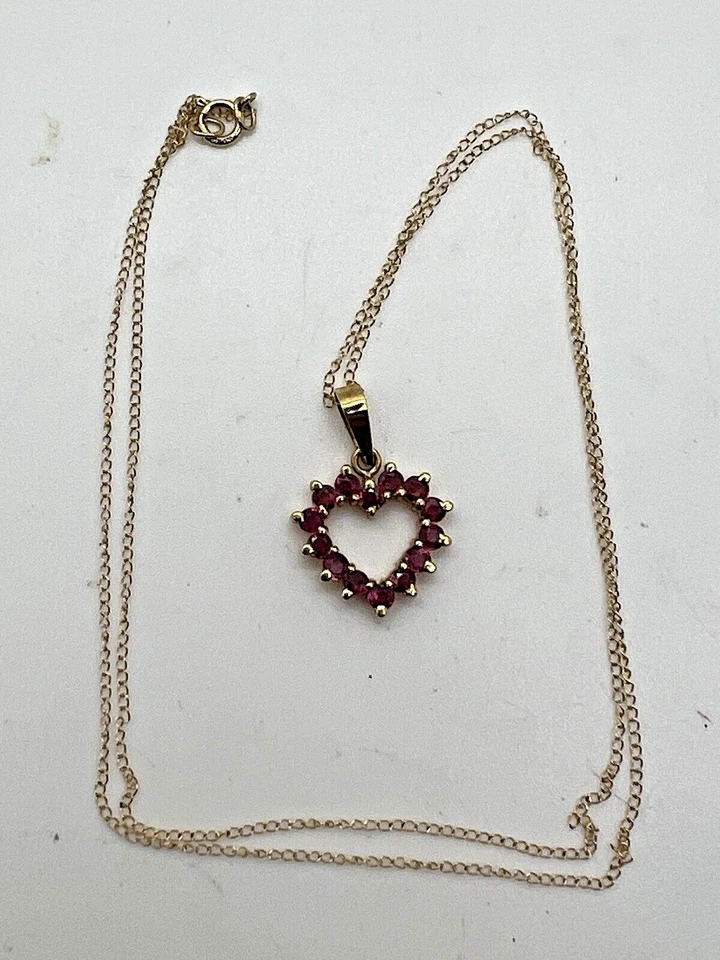 Vintage 14K Yellow Gold Pink Tourmaline or Ruby Gem Heart Pendant 18in Long D5 - Image 4 of 4