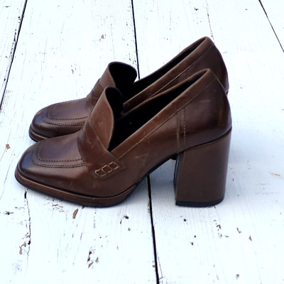Cafenoir Women's Brown Block High Heels Leather Loafers Sz US 8.5 EU 39 PLZ READ