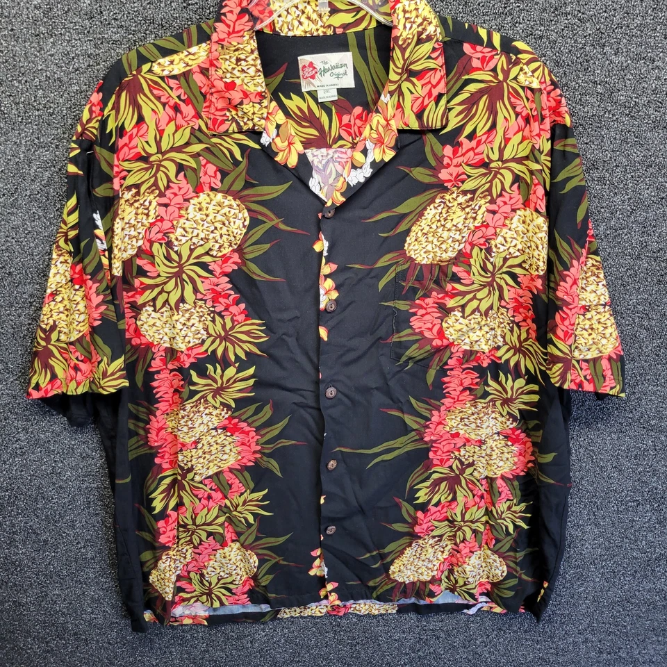 Camisa Hilo Hattie Brillante Colorida Negra Rosa Floral Hawaiana Hecha en EE. UU. 2XL Foto 2 de 4