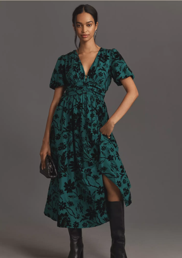 Anthropologie The Katerina Printed Button Front MIDI Dress in Dark Green SZ  XXS | eBay