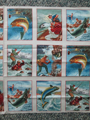 REALISTIC SPORTS FISHING STREAM LAKE RIVER FISH 18 BLOCK COTTON FABRIC PANEL 