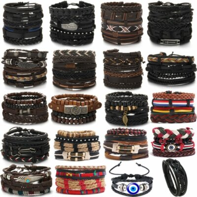 6pcs/set Multilayer Leather Leaf Wing Bracelet Men Women Wristband Bangle Gift