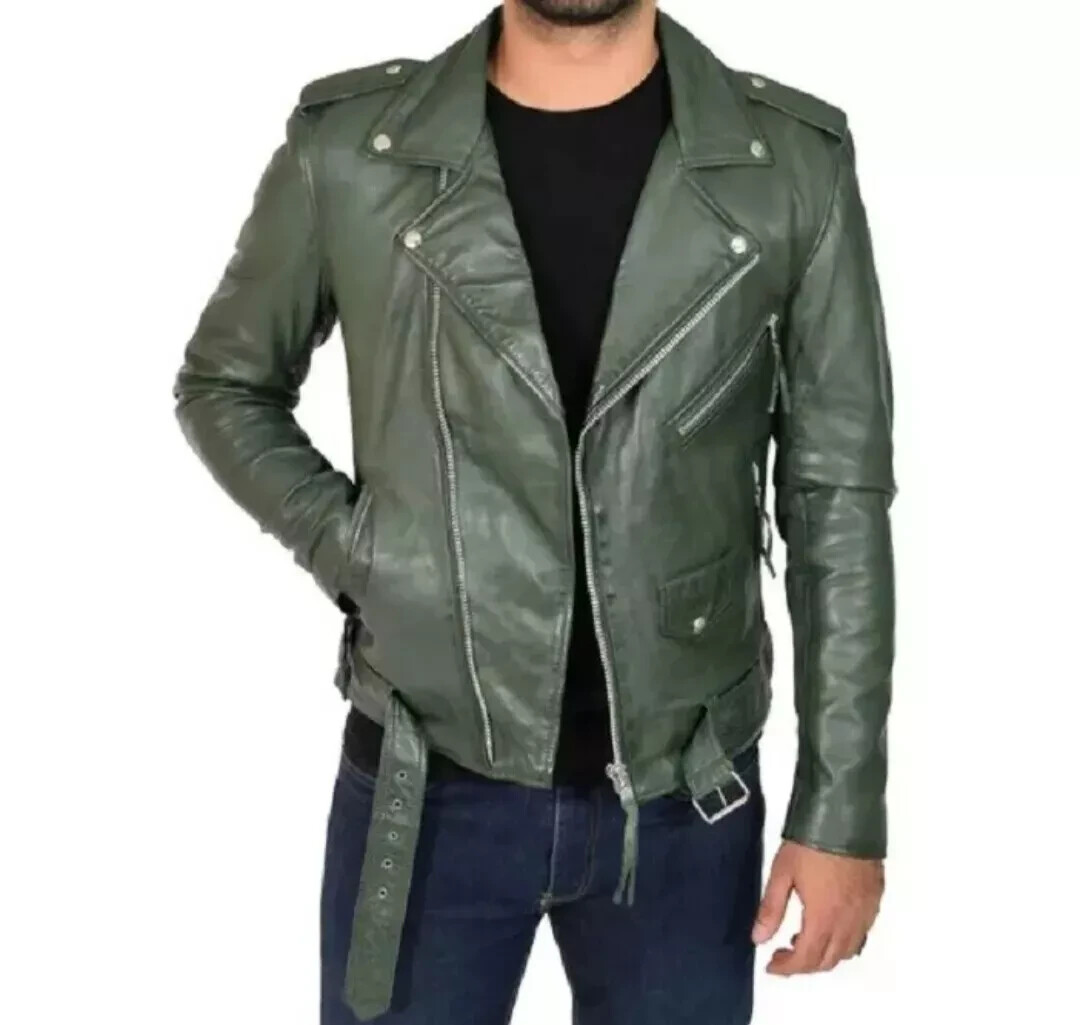 Chaqueta con cinturón 100 % pura piel de cordero 100 % calce ceñido de cuero verde para hombre