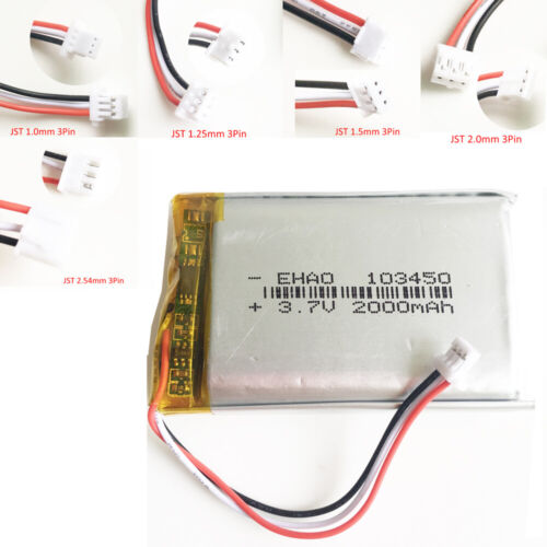 3.7V 2000mAh Lipo polymer Battery 103450 JST 3pin 1.0/1.25/1.5/2.0/2.5 connector - Afbeelding 1 van 11