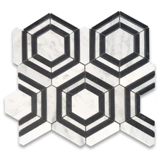 C33AXH Carrara White Marble Strip Hexagon Georama Geometric Mosaic Tile Honed
