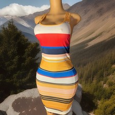 Multicolor Striped Rib Knit Bodycon Mini Dress Open Back Strappy One Size