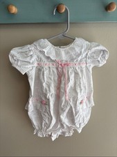 Vintage White Eyelet Baby Romper with Pink Ribbon Detail size 6-9 months