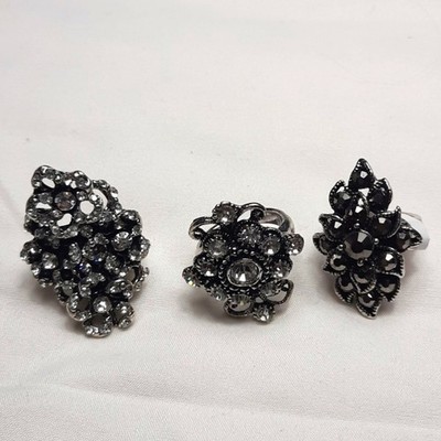  Set of Three Silver Tone & Crystal Floral Rings Size 8