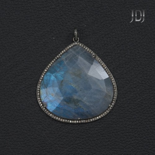 Natural Pave Diamond 925 Sterling Silver Labradorite Gemstone Designer Pendant - Picture 7 of 13