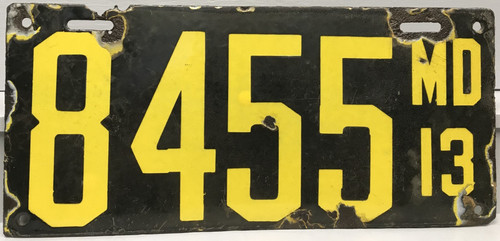 1913 Porcelain Maryland License Plate MD 8455